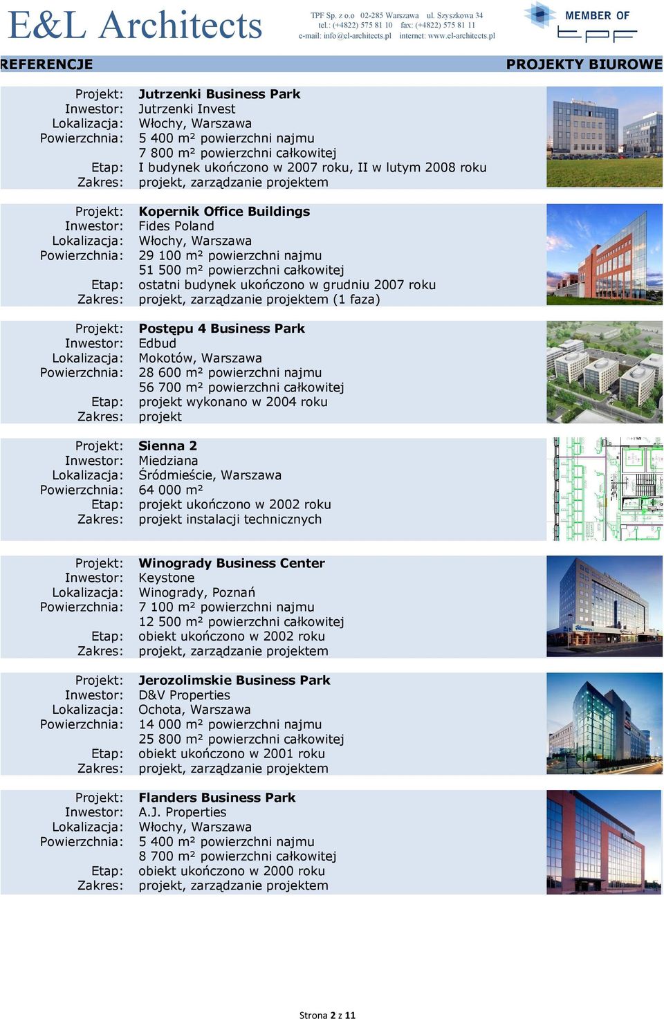 najmu 56 700 m² powierzchni całkowitej wykonano w 2004 roku Sienna 2 Miedziana Śródmieście, Warszawa 64 000 m² ukończono w 2002 roku instalacji technicznych Winogrady Business Center Keystone