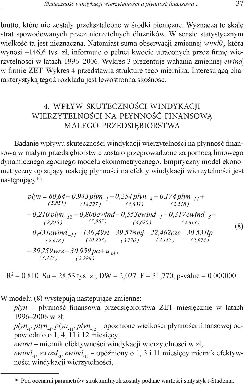 zł, informuje o pełnej kwocie utraconych przez firmę wierzytelności w latach 1996 2006. Wykres 3 prezentuje wahania zmiennej ewind t w firmie ZET. Wykres 4 przedstawia strukturę tego miernika.