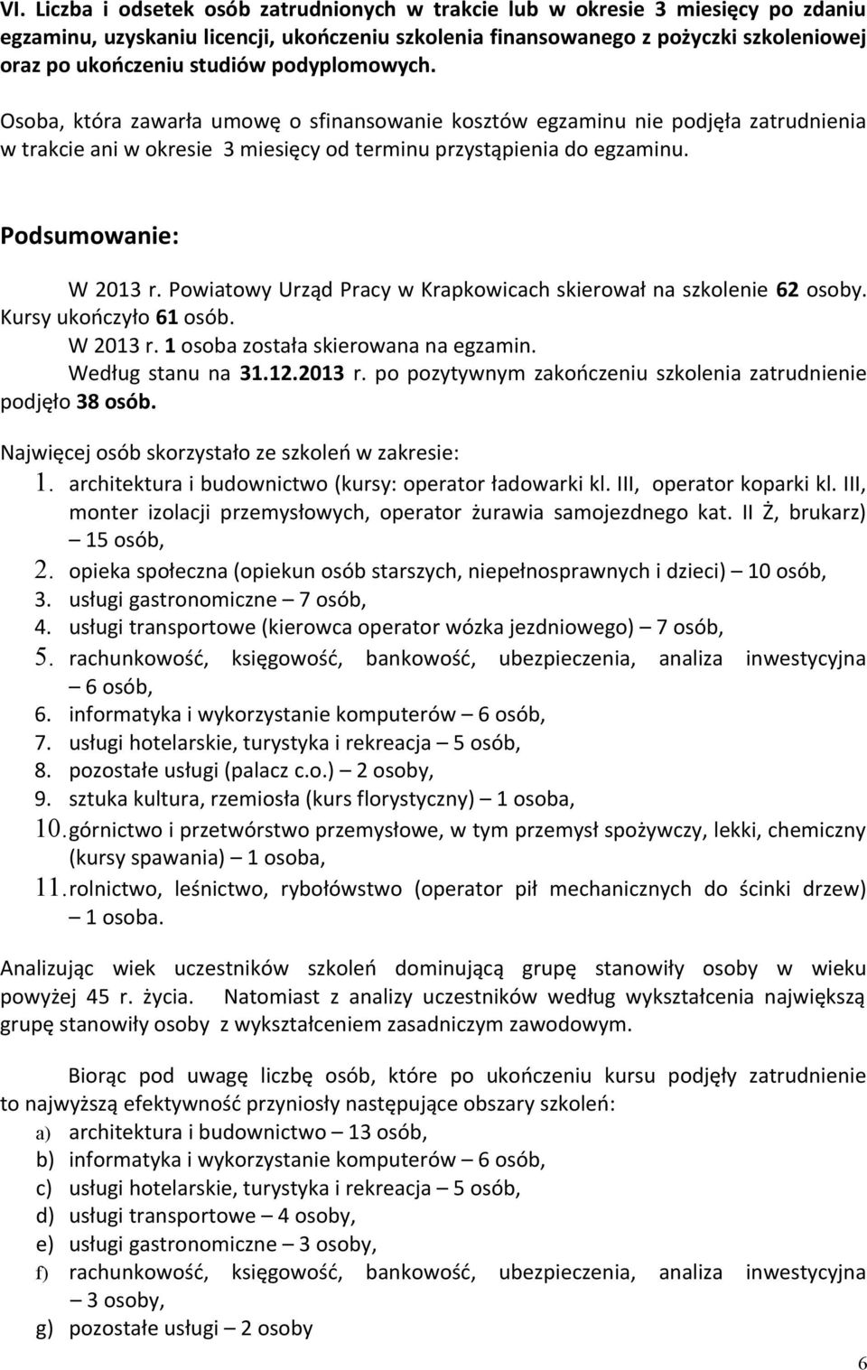 Podsumowanie: W 2013 r. Powiatowy Urząd Pracy w Krapkowicach skierował na szkolenie 62 osoby. Kursy ukończyło 61 osób. W 2013 r. 1 osoba została skierowana na egzamin. Według stanu na 31.12.2013 r. po pozytywnym zakończeniu szkolenia zatrudnienie podjęło 38 osób.