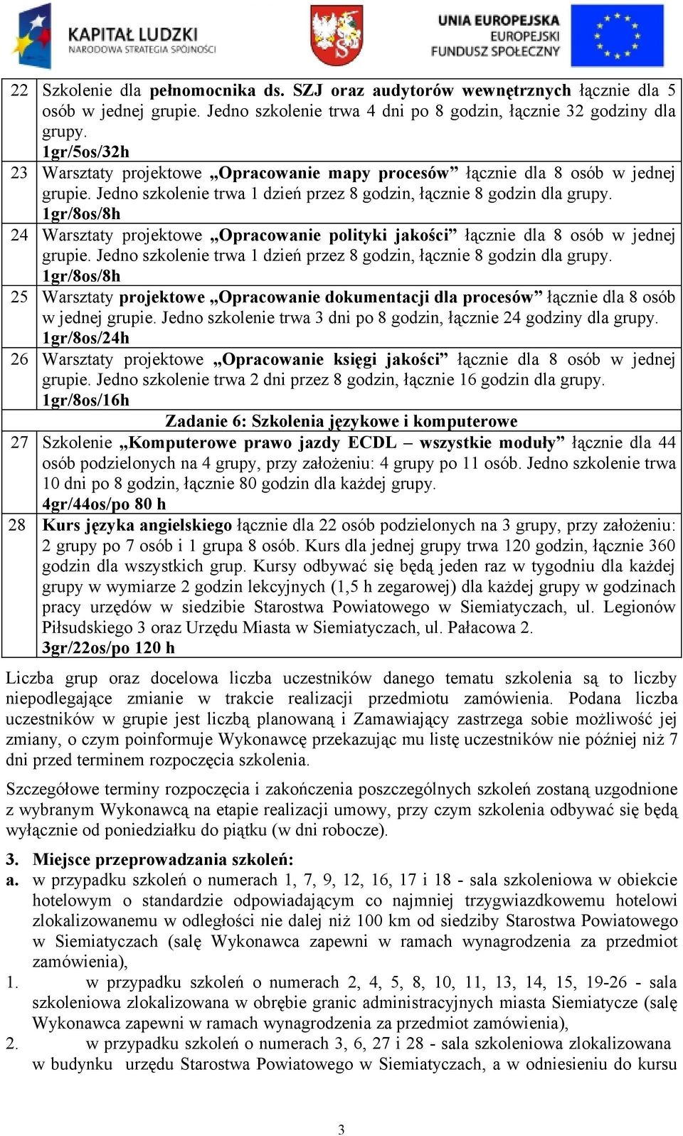 1gr/8os/8h 24 Warsztaty projektowe Opracowanie polityki jakości łącznie dla 8 osób w jednej grupie. Jedno szkolenie trwa 1 dzień przez 8 godzin, łącznie 8 godzin dla grupy.