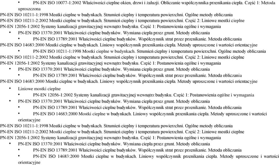 Część 2: Liniowe mostki cieplne PN-EN 12056-1:2002 Systemy kanalizacji grawitacyjnej wewnątrz budynku. Część 1: Postanowienia ogólne i wymagania PN-EN ISO 14683:2000 Mostki cieplne w budynkach.