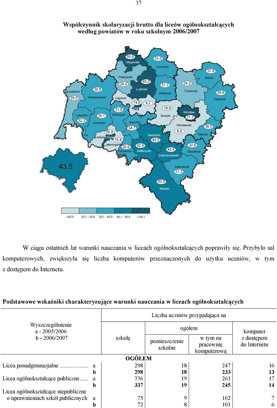 33,5 18,6 Średzki 42,6 Dzierżoniowski Wrocław Wrocławski 6,8 71,7 32,4 Strzeliński Oławski 37,8 Milicki 36,5 39,4 Oleśnicki 43,5 Ząbkowicki 37,3 42,5 Kłodzki <2, 2,1-3, 3,1-4, 4,1-5, > 5,1 W ciągu