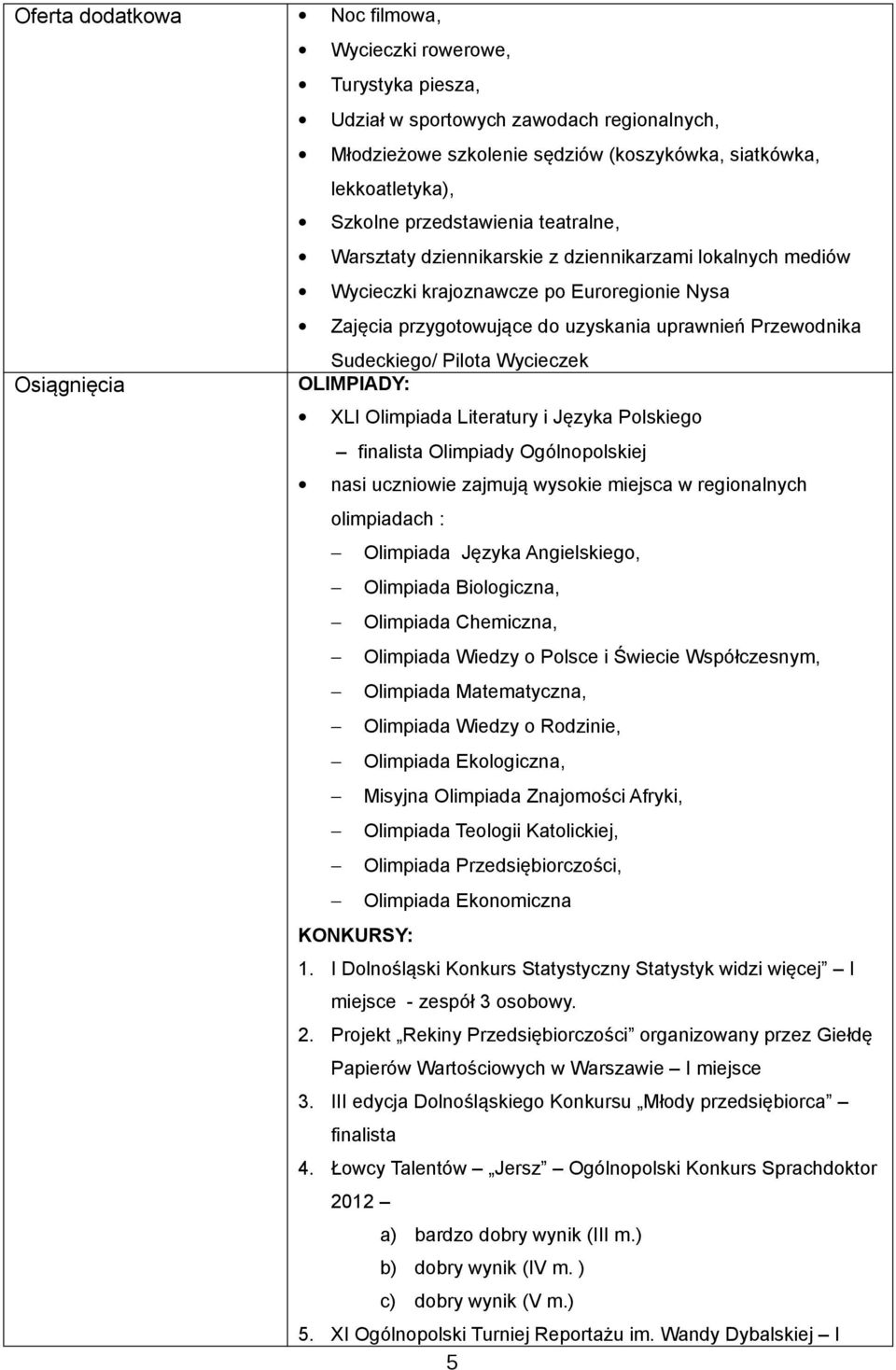 Sudeckiego/ Pilota Wycieczek OLIMPIADY: XLI Olimpiada Literatury i Języka Polskiego finalista Olimpiady Ogólnopolskiej nasi uczniowie zajmują wysokie miejsca w regionalnych olimpiadach : KONKURSY: