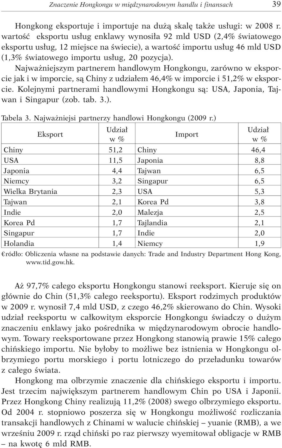 Najwa niejszym partnerem handlowym Hongkongu, zarówno w eksporcie jak i w imporcie, s¹ Chiny z udzia³em 46,4% w imporcie i 51,2% w eksporcie.