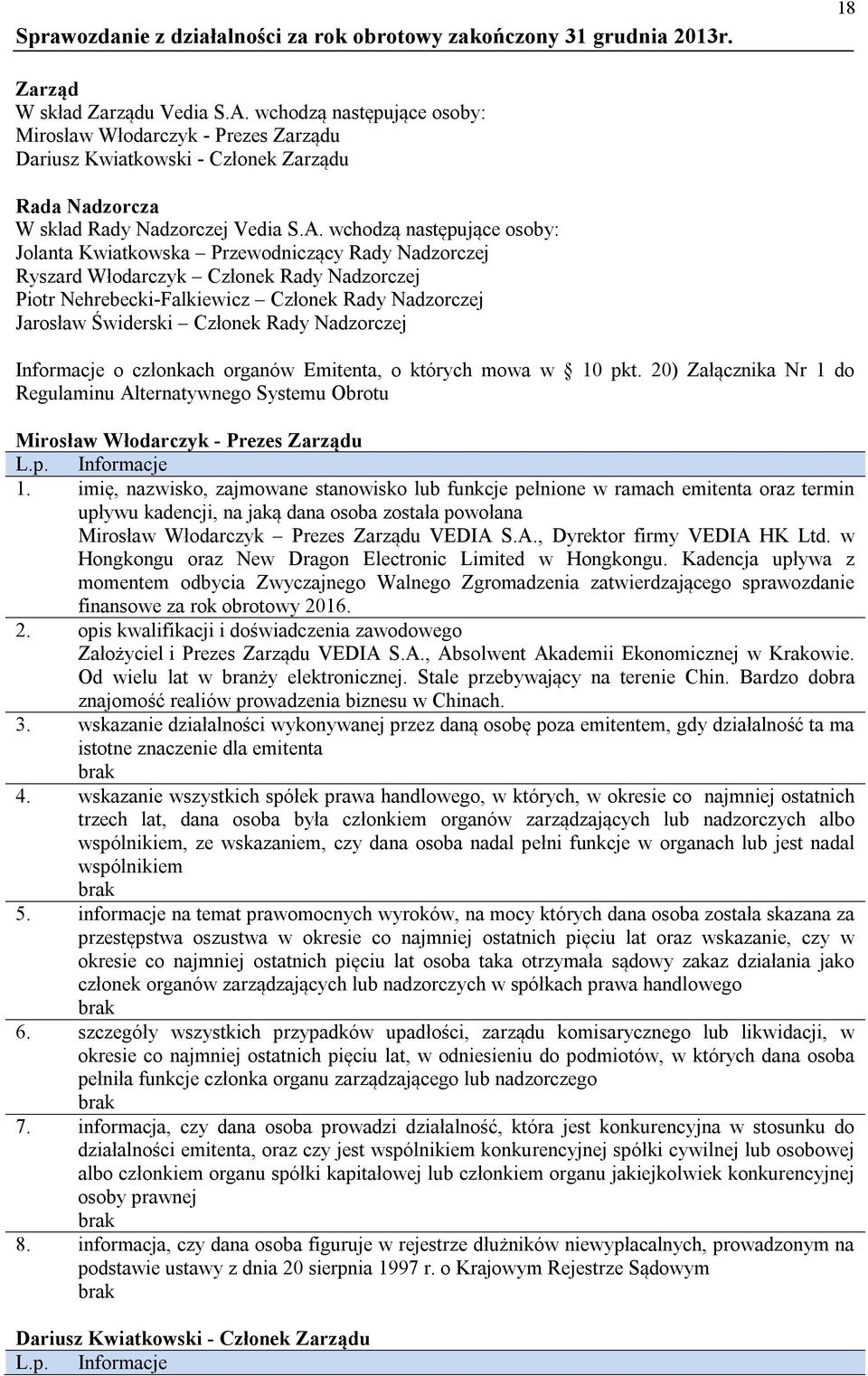 wchodzą następujące osoby: Jolanta Kwiatkowska Przewodniczący Rady Nadzorczej Ryszard Włodarczyk Członek Rady Nadzorczej Piotr Nehrebecki-Falkiewicz Członek Rady Nadzorczej Jarosław Świderski Członek