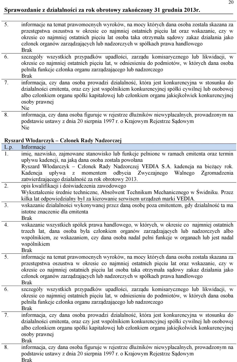 szczegóły wszystkich przypadków upadłości, zarządu komisarycznego lub likwidacji, w okresie co najmniej ostatnich pięciu lat, w odniesieniu do podmiotów, w których dana osoba pełniła funkcje członka