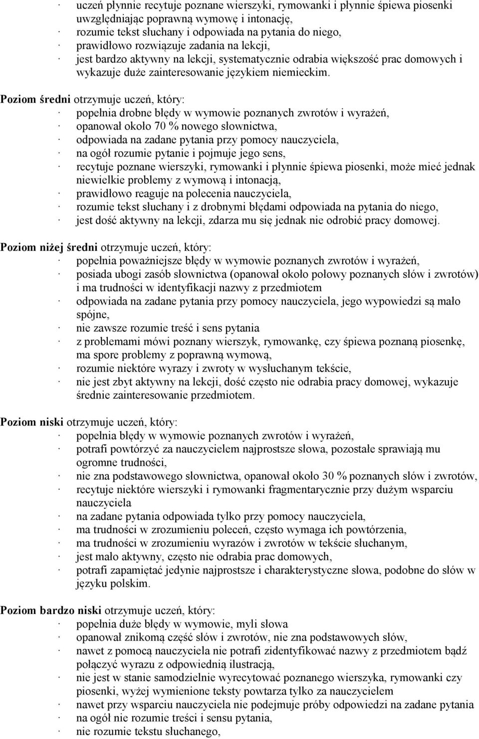 Poziom średni otrzymuje uczeń, który: popełnia drobne błędy w wymowie poznanych zwrotów i wyrażeń, opanował około 70 % nowego słownictwa, odpowiada na zadane pytania przy pomocy nauczyciela, na ogół