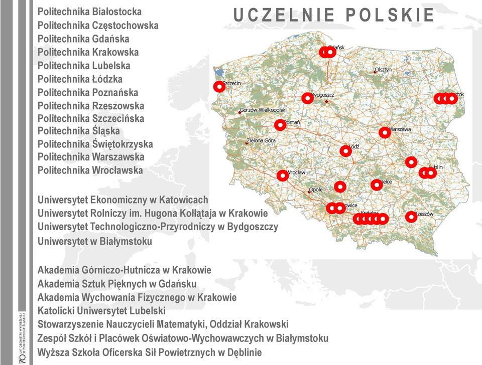 Hugona Kołłątaja w Krakowie Uniwersytet Technologiczno-Przyrodniczy w Bydgoszczy Uniwersytet w Białymstoku Akademia Górniczo-Hutnicza w Krakowie Akademia Sztuk Pięknych w Gdańsku Akademia Wychowania