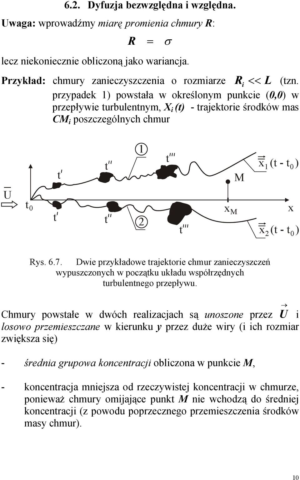 Dwie przykładowe rajekorie chmur zanieczyszczeń wypuszczonych w począku układu współrzędnych urbulennego przepływu.