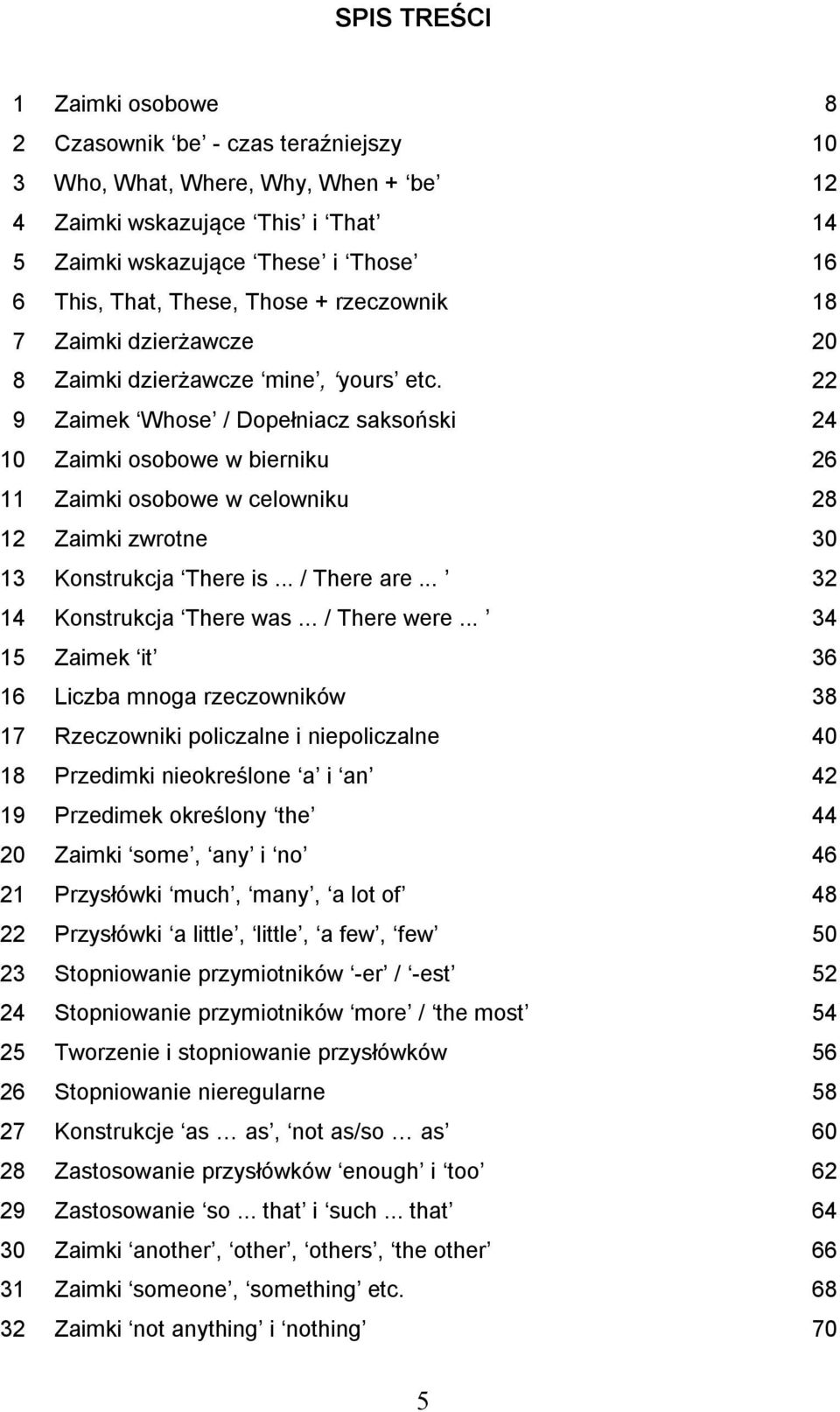 22 9 Zaimek Whose / Dopełniacz saksoński 24 10 Zaimki osobowe w bierniku 26 11 Zaimki osobowe w celowniku 28 12 Zaimki zwrotne 30 13 Konstrukcja There is... / There are... 32 14 Konstrukcja There was.