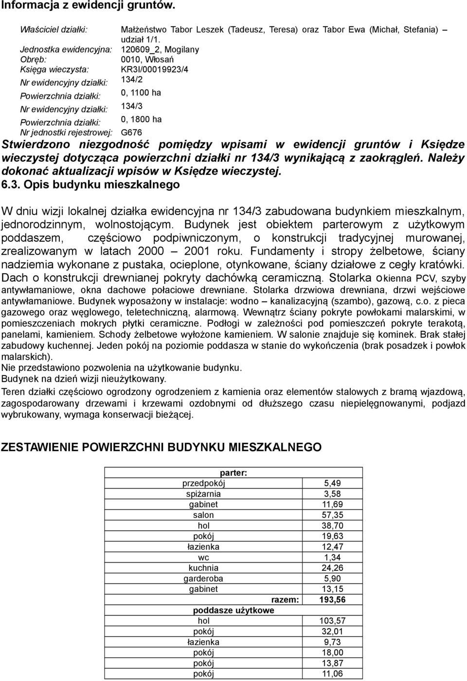 działki: 134/3 0, 1800 ha Nr jednostki rejestrowej: G676 Stwierdzono niezgodność pomiędzy wpisami w ewidencji gruntów i Księdze wieczystej dotycząca powierzchni działki nr 134/3 wynikającą z