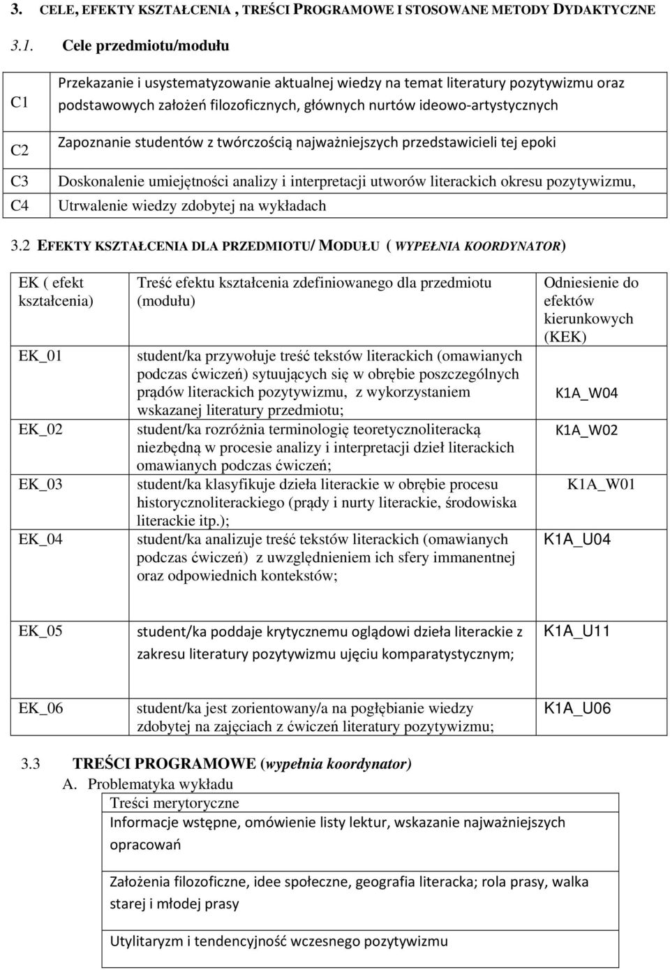 Zapoznanie studentów z twórczością najważniejszych przedstawicieli tej epoki Doskonalenie umiejętności analizy i interpretacji utworów literackich okresu pozytywizmu, Utrwalenie wiedzy zdobytej na