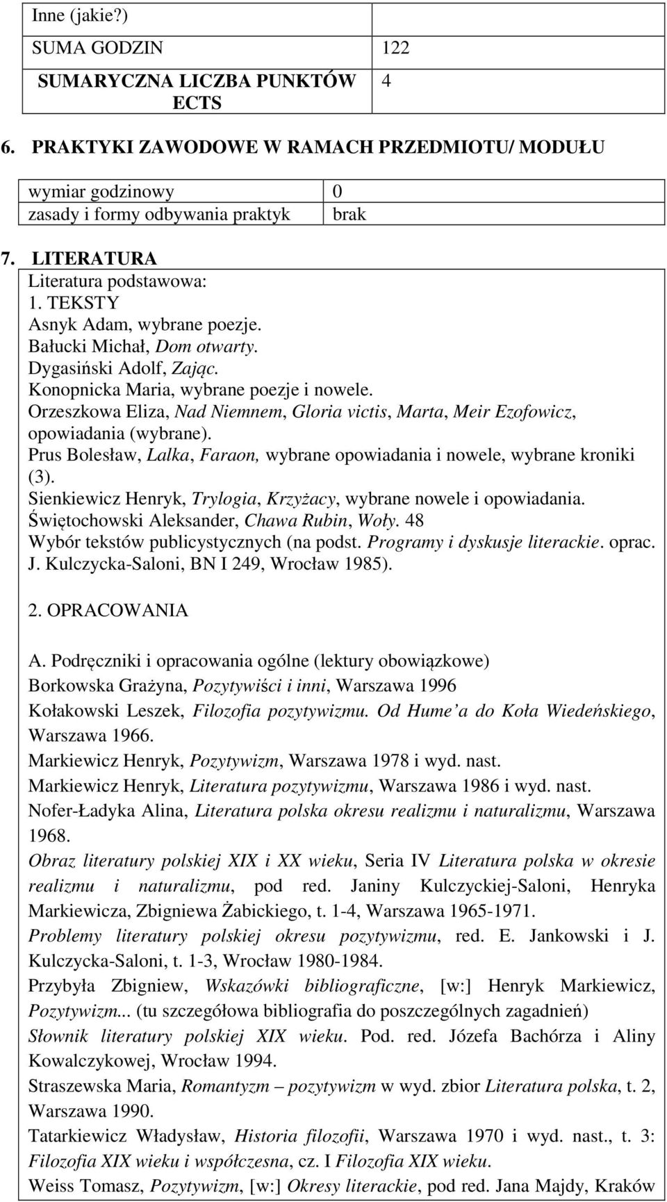 Orzeszkowa Eliza, Nad Niemnem, Gloria victis, Marta, Meir Ezofowicz, opowiadania (wybrane). Prus Bolesław, Lalka, Faraon, wybrane opowiadania i nowele, wybrane kroniki (3).