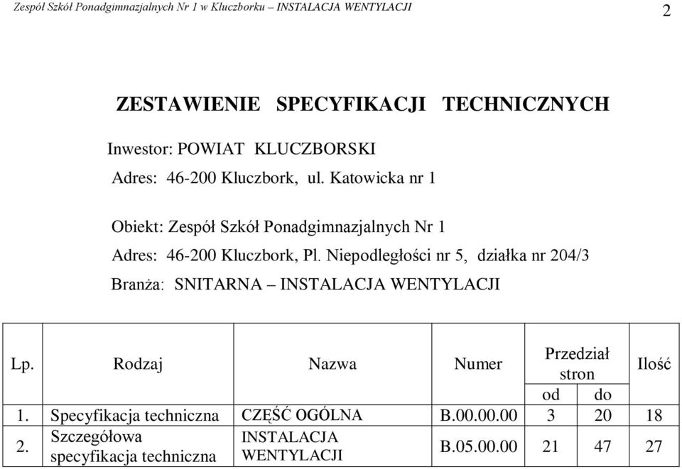 Niepodległości nr 5, działka nr 204/3 Branża: SNITARNA INSTALACJA WENTYLACJI Lp.