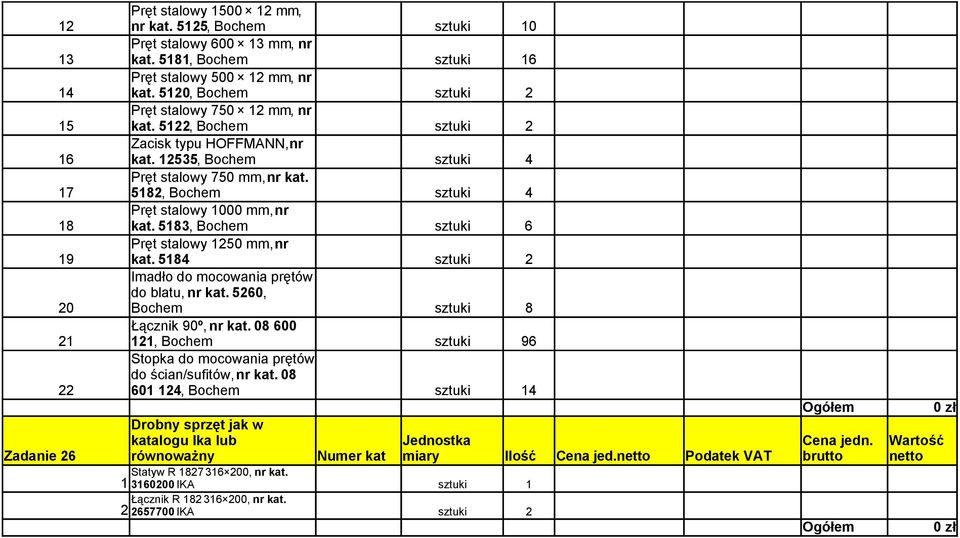 17 5182, Bochem sztuki 4 Pręt stalowy 1000 mm, nr 18 kat. 5183, Bochem sztuki 6 Pręt stalowy 1250 mm, nr 19 kat. 5184 sztuki 2 Imadło do mocowania prętów do blatu, nr kat.