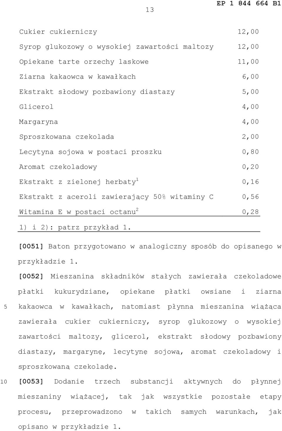 Witamina E w postaci octanu 2 0,28 1) i 2): patrz przykład 1. [001] Baton przygotowano w analogiczny sposób do opisanego w przykładzie 1.