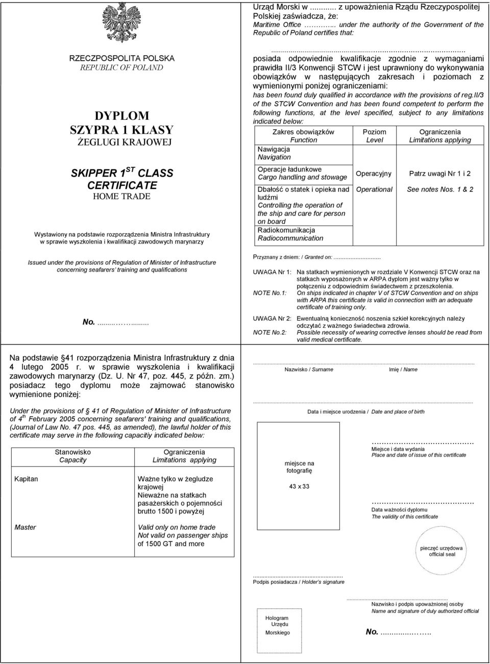 TRADE Wystawiony na podstawie rozporządzenia Ministra Infrastruktury w sprawie wyszkolenia i kwalifikacji zawodowych marynarzy Issued under the provisions of Regulation of Minister of Infrastructure