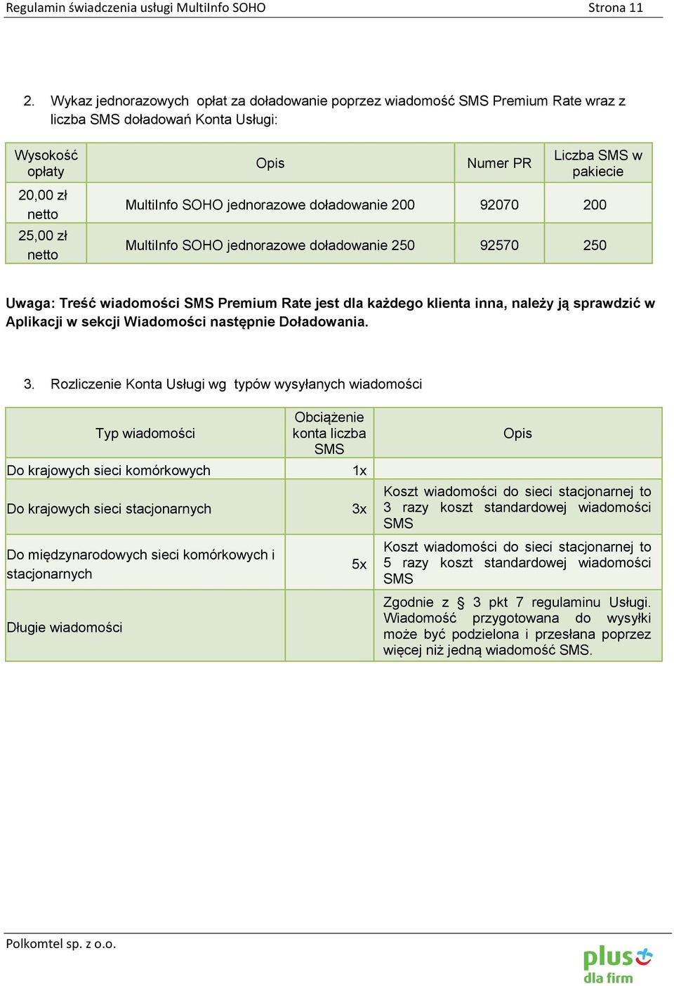 MultiInfo SOHO jednorazowe doładowanie 200 92070 200 MultiInfo SOHO jednorazowe doładowanie 250 92570 250 Uwaga: Treść wiadomości SMS Premium Rate jest dla każdego klienta inna, należy ją sprawdzić w