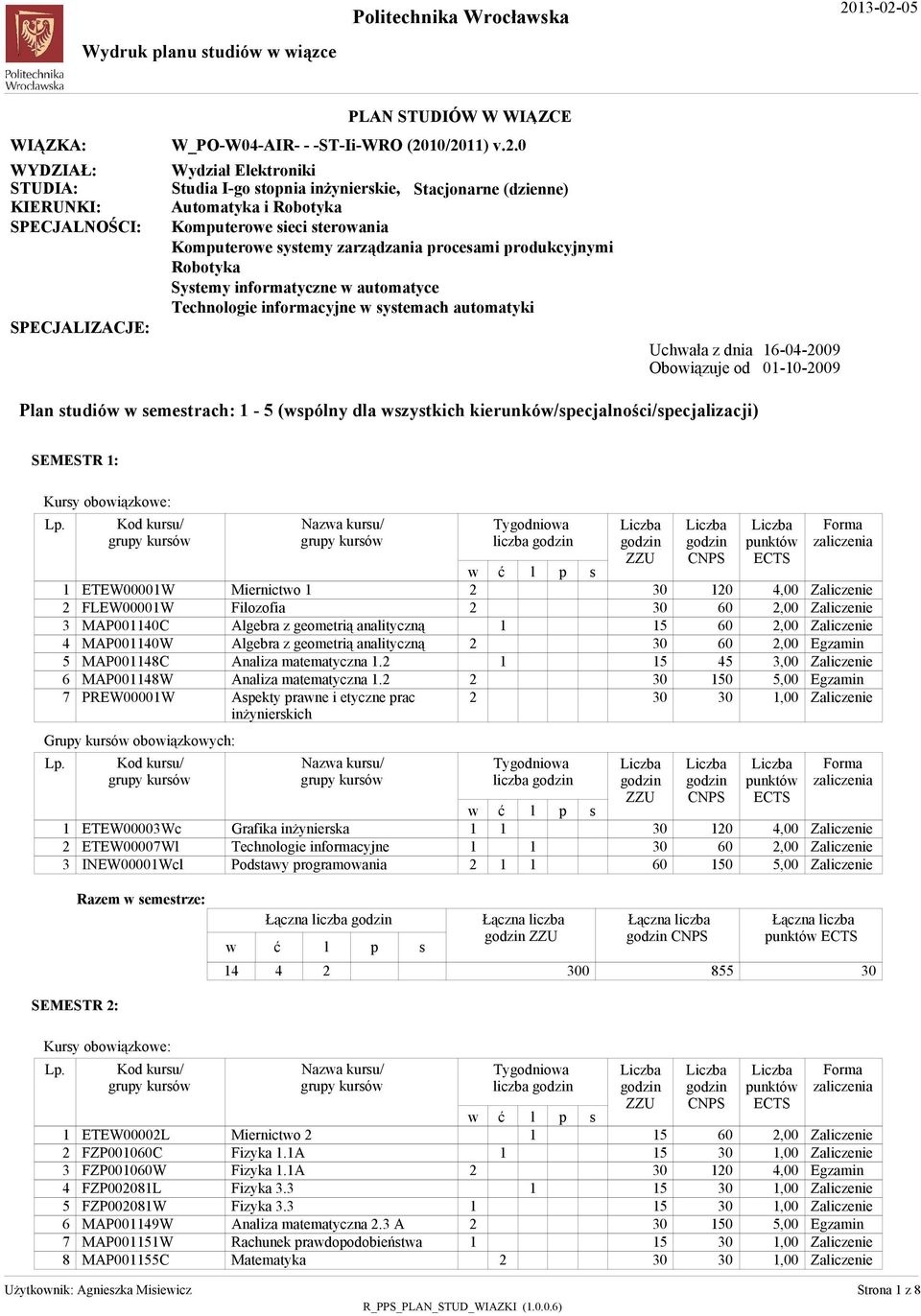 automatyce Technoogie informacyjne ytemach automatyki Uchała z dnia Oboiązuje od -0-009 0-0-009 Pan tudió emetrach: - (óny da zytkich kierunkó/ecjaności/ecjaizacji) SEMESTR : Kury oboiązkoe: Kod