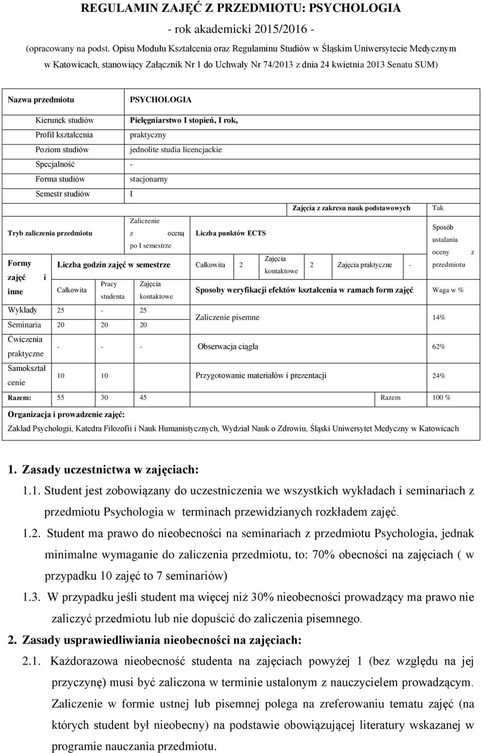 PSYCHOLOGIA Kierunek studiów Pielęgniarstwo I stopień, I rok, Profil kształcenia praktyczny Poziom studiów jednolite studia licencjackie Specjalność - Forma studiów stacjonarny Semestr studiów I