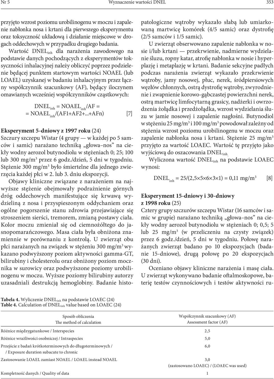 Wartość dla narażenia zawodowego na podstawie danych pochodzących z eksperymentów toksyczności inhalacyjnej należy obliczyć poprzez podzielenie będącej punktem startowym wartości NOAEL (lub LOAEL)