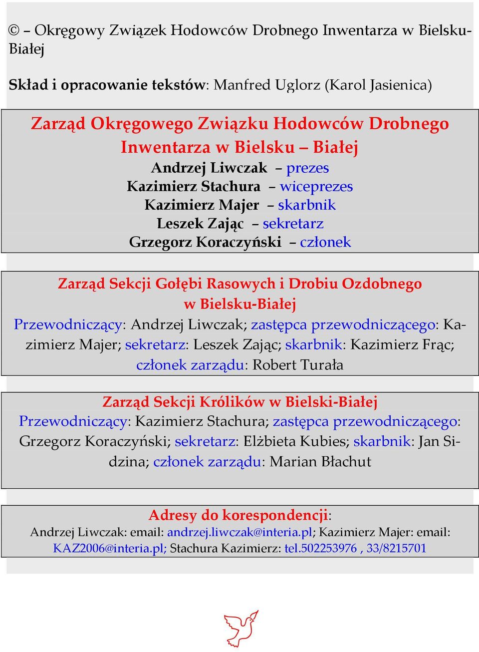 Przewodniczący: Andrzej Liwczak; zastępca przewodniczącego: Kazimierz Majer; sekretarz: Leszek Zając; skarbnik: Kazimierz Frąc; członek zarządu: Robert Turała Zarząd Sekcji Królików w Bielski-Białej