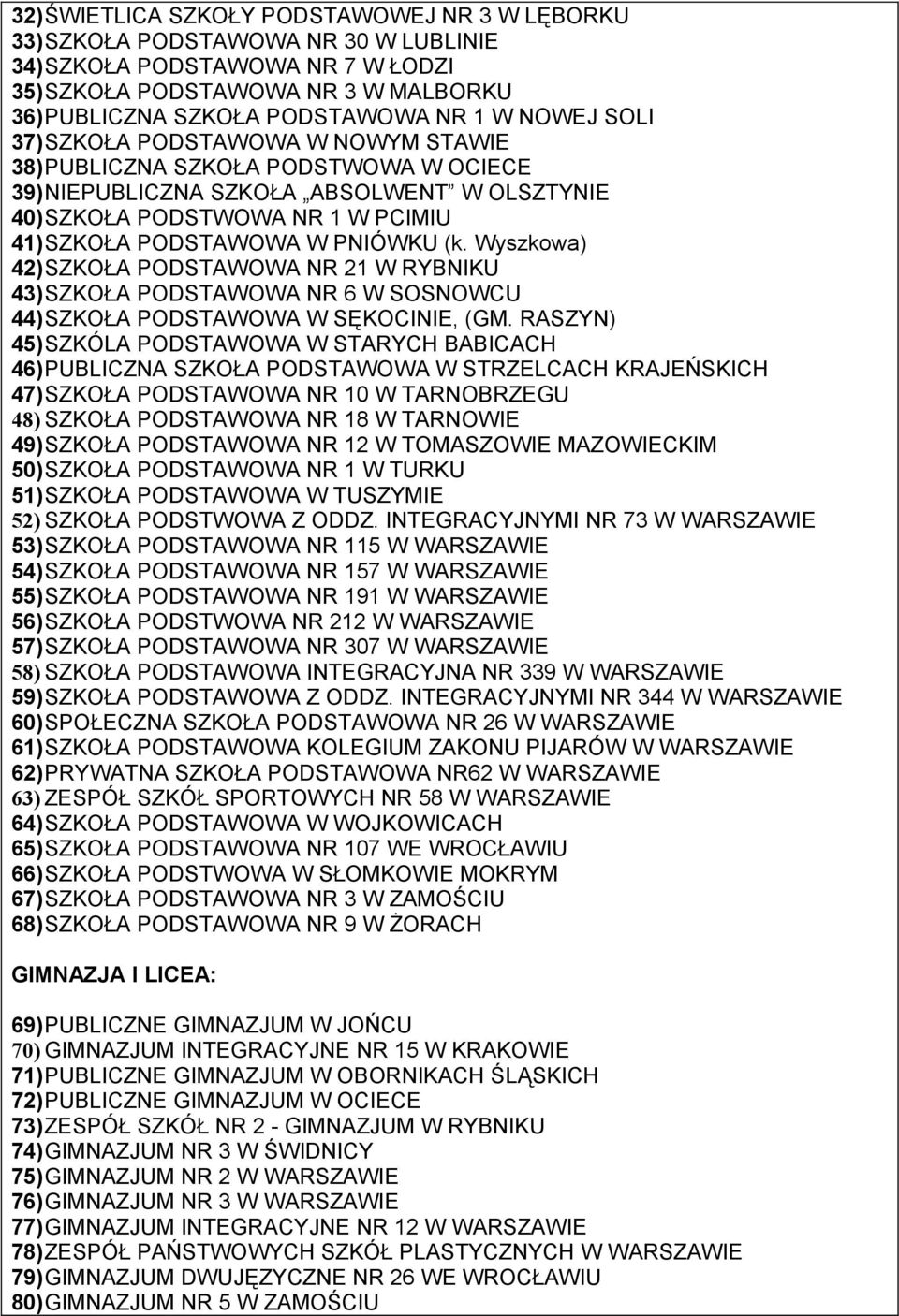 Wyszkowa) 42)SZKOŁA PODSTAWOWA NR 21 W RYBNIKU 43)SZKOŁA PODSTAWOWA NR 6 W SOSNOWCU 44)SZKOŁA PODSTAWOWA W SĘKOCINIE, (GM.