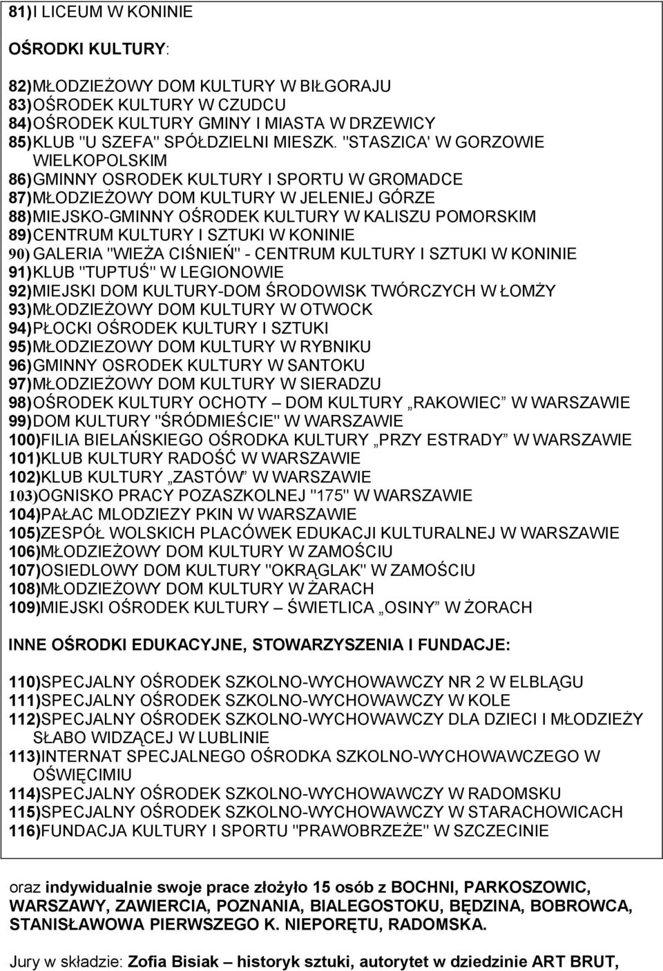 I SZTUKI W KONINIE 90) GALERIA "WIEŻA CIŚNIEŃ" - CENTRUM KULTURY I SZTUKI W KONINIE 91)KLUB "TUPTUŚ" W LEGIONOWIE 92)MIEJSKI DOM KULTURY-DOM ŚRODOWISK TWÓRCZYCH W ŁOMŻY 93)MŁODZIEŻOWY DOM KULTURY W