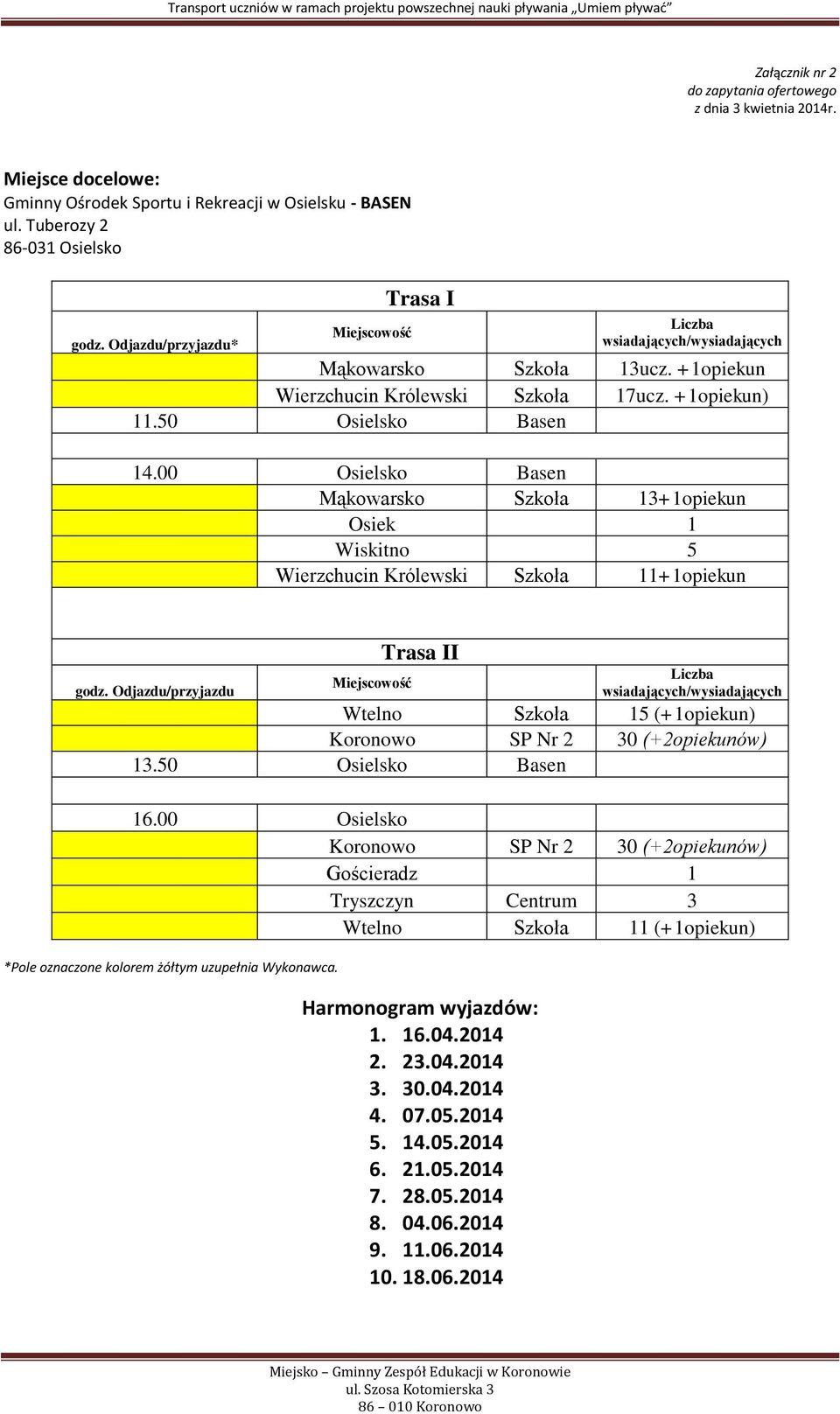 00 Osielsko Basen Mąkowarsko Szkoła 13+1opiekun Osiek 1 Wiskitno 5 Wierzchucin Królewski Szkoła 11+1opiekun Trasa II Miejscowość Liczba wsiadających/wysiadających Wtelno Szkoła 15 (+1opiekun)