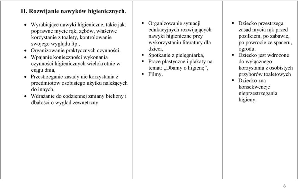 Wpajanie konieczności wykonania czynności higienicznych wielokrotnie w ciągu dnia, Przestrzeganie zasady nie korzystania z przedmiotów osobistego użytku należących do innych, Wdrażanie do codziennej