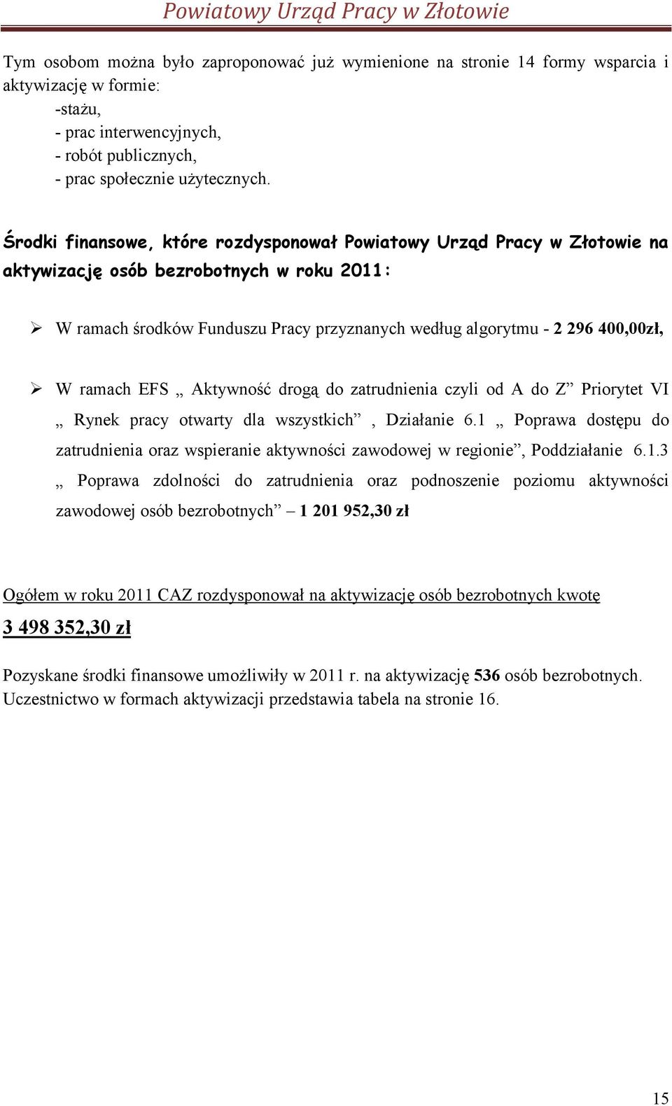 ramach EFS Aktywność drogą do zatrudnienia czyli od A do Z Priorytet VI Rynek pracy otwarty dla wszystkich, Działanie 6.