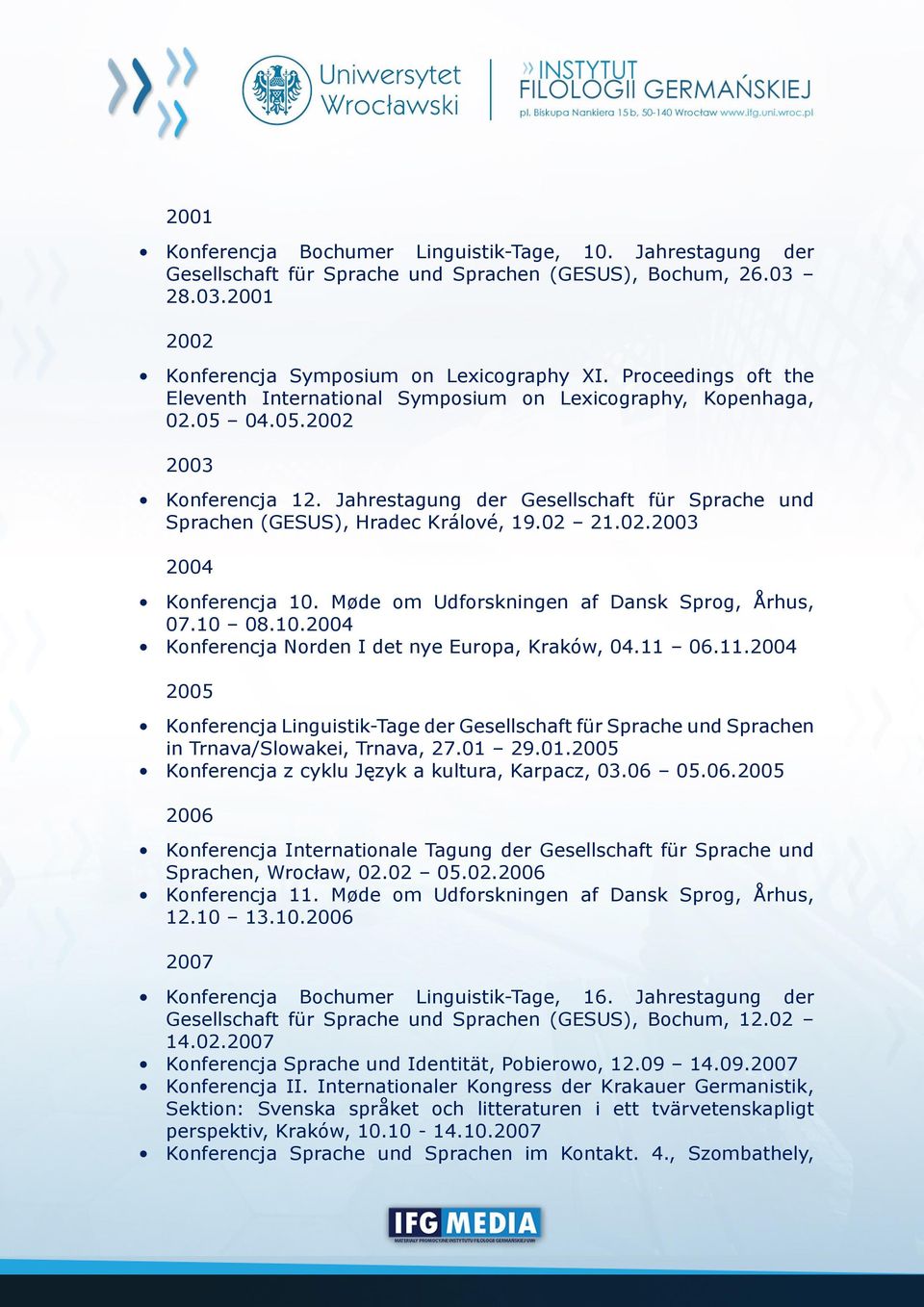 Jahrestagung der Gesellschaft für Sprache und Sprachen (GESUS), Hradec Králové, 19.02 21.02.2003 2004 Konferencja 10. Møde om Udforskningen af Dansk Sprog, Århus, 07.10 08.10.2004 Konferencja Norden I det nye Europa, Kraków, 04.