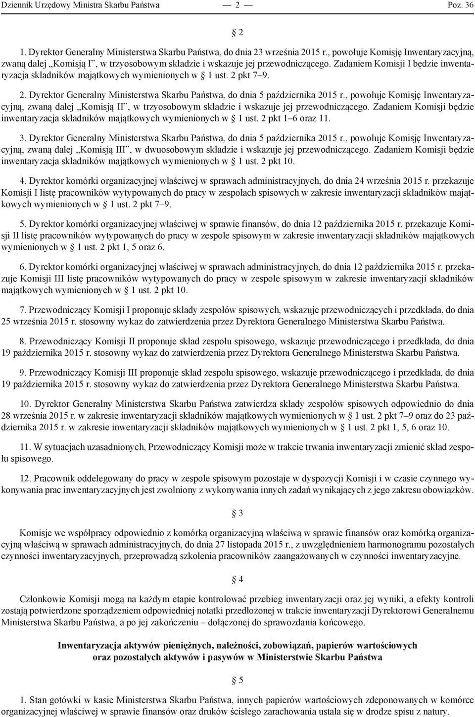 Zadaniem Komisji I będzie inwentaryzacja składników majątkowych wymienionych w 1 ust. 2 pkt 7 9. 2. Dyrektor Generalny Ministerstwa Skarbu Państwa, do dnia 5 października 2015 r.