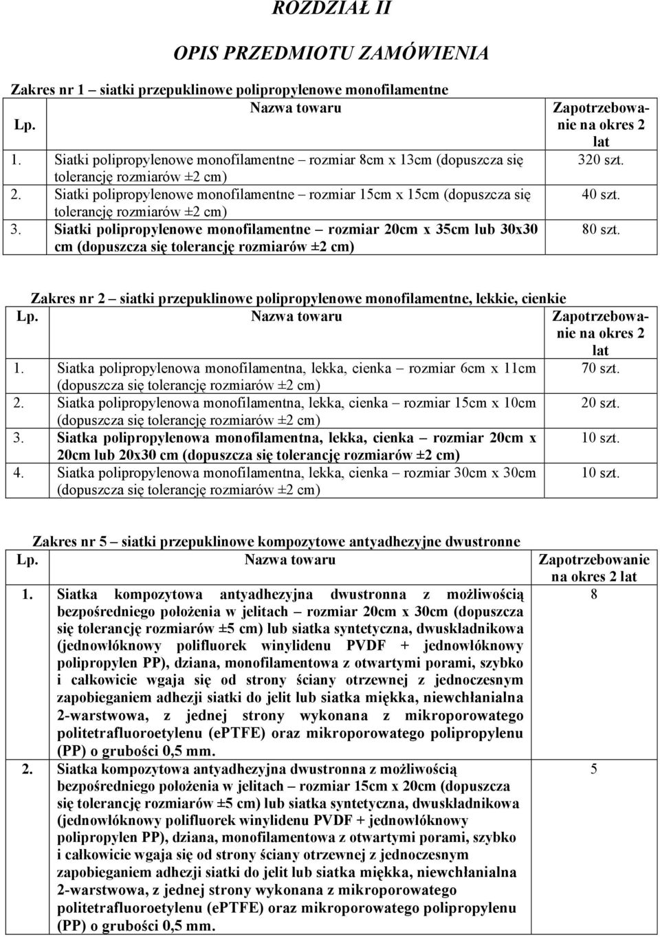 Siatki polipropylenowe monofilamentne rozmiar 20cm x 35cm lub 30x30 cm (dopuszcza się tolerancję rozmiarów ±2 cm) Zapotrzebowanie na okres 2 lat 320 szt. 40 szt. 80 szt.