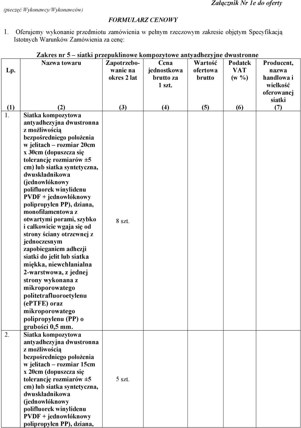 Zakres nr 5 siatki przepuklinowe kompozytowe antyadhezyjne dwustronne Nazwa towaru Zapotrzebowanie Cena Wartość Podatek na jednostkowa ofertowa VAT okres 2 lat brutto za brutto (w %) 1 szt. (1) (2) 1.