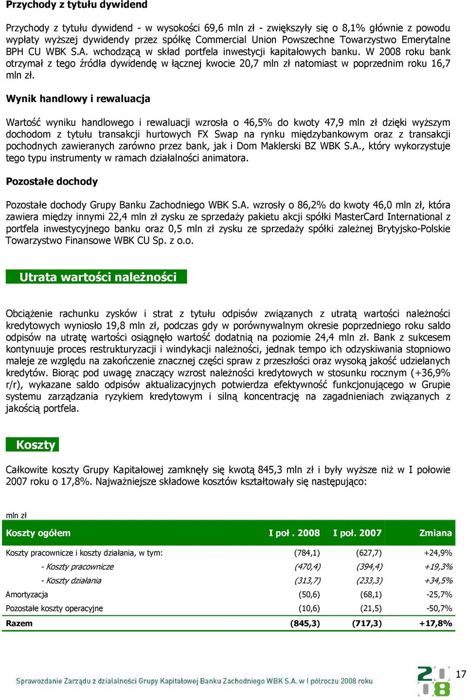 W 2008 roku bank otrzymał z tego źródła dywidendę w łącznej kwocie 20,7 mln zł natomiast w poprzednim roku 16,7 mln zł.