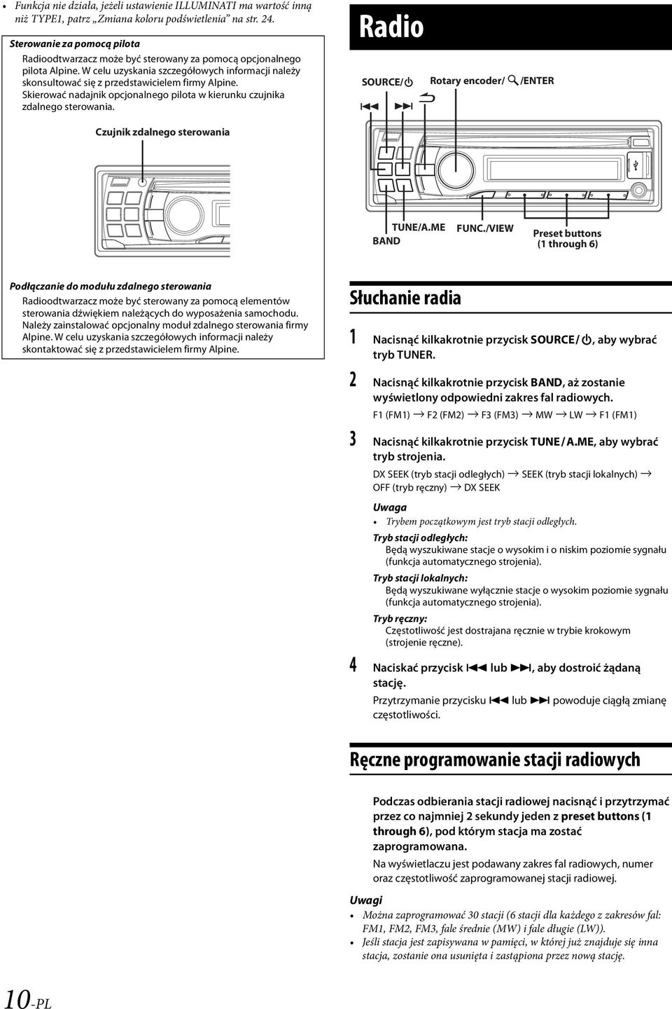 Skierować nadajnik opcjonalnego pilota w kierunku czujnika zdalnego sterowania. Radio SOURCE/ Rotary encoder/ /ENTER Czujnik zdalnego sterowania TUNE/A.ME BAND FUNC.