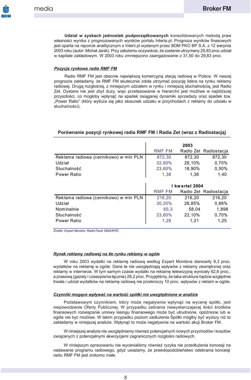 Przy za³o eniu oczywiœcie, e zostanie utrzymany 29,83 proc.udzia³ w kapitale zak³adowym. W 2003 roku zmniejszono zaanga owanie z 31,50 do 29,83 proc.