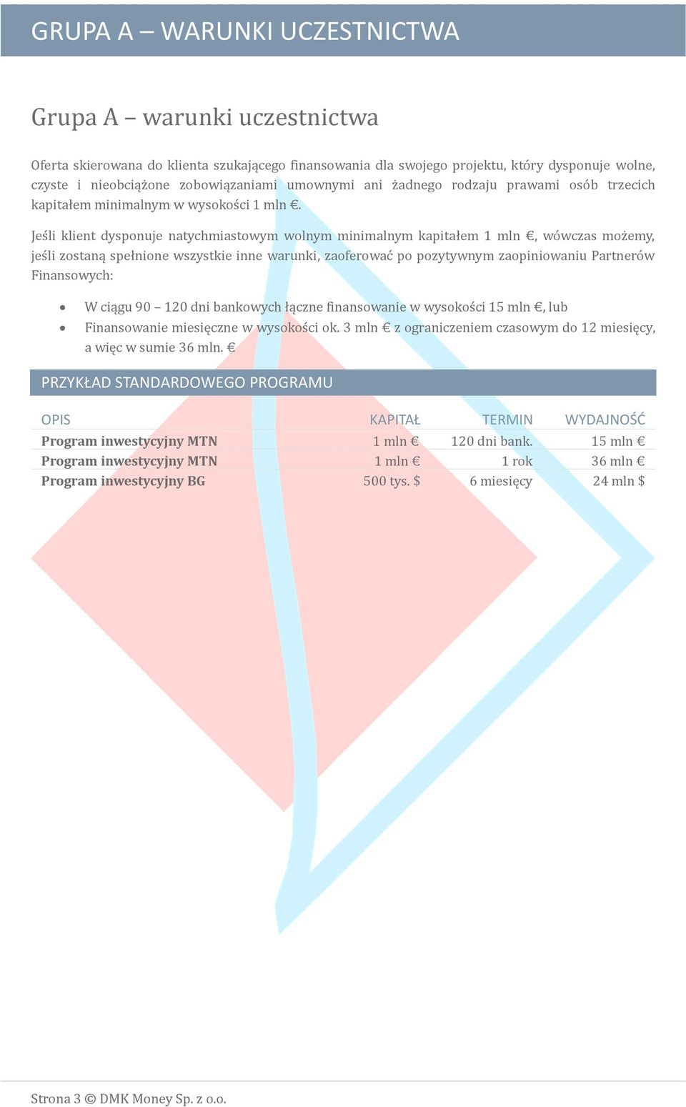 Jeśli klient dysponuje natychmiastowym wolnym minimalnym kapitałem 1 mln, wówczas możemy, jeśli zostaną spełnione wszystkie inne warunki, zaoferować po pozytywnym zaopiniowaniu Partnerów Finansowych: