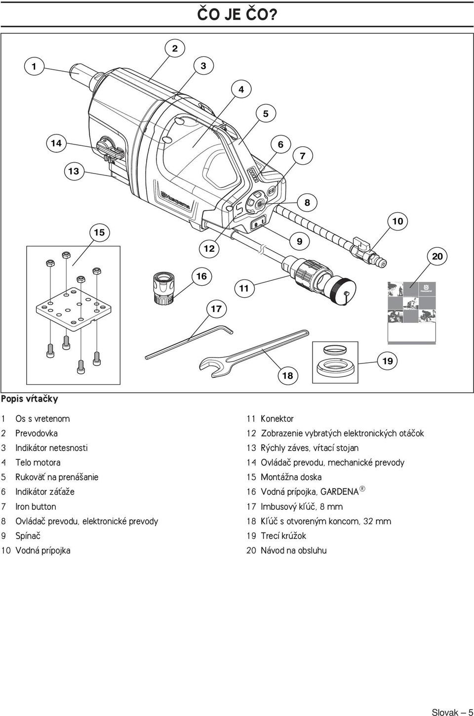 RukoväÈ na prená anie 6 Indikátor záèaïe 7 Iron button 8 Ovládaã prevodu, elektronické prevody 9 Spínaã 10 Vodná prípojka 11 Konektor