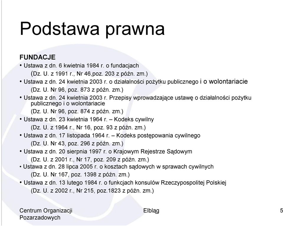 Przepisy wprowadzające ustawę o działalności pożytku publicznego i o wolontariacie (Dz. U. Nr 96, poz. 874 z późn. zm.) Ustawa z dn. 23 kwietnia 1964 r. Kodeks cywilny (Dz. U. z 1964 r., Nr 16, poz.