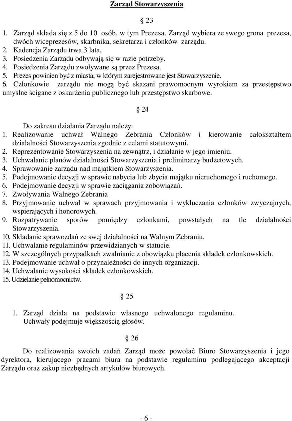 Członkowie zarządu nie mogą być skazani prawomocnym wyrokiem za przestępstwo umyślne ścigane z oskarżenia publicznego lub przestępstwo skarbowe. 24 Do zakresu działania Zarządu należy: 1.