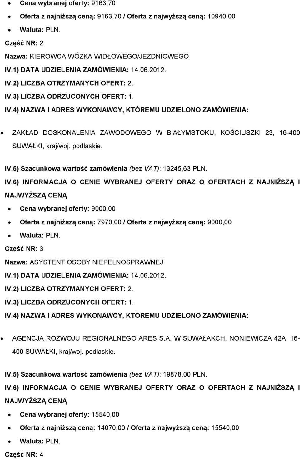 Cena wybranej oferty: 9000,00 Oferta z najniższą ceną: 7970,00 / Oferta z najwyższą ceną: 9000,00 Część NR: 3 Nazwa: ASYSTENT OSOBY NIEPELNOSPRAWNEJ IV.2) LICZBA OTRZYMANYCH OFERT: 2.