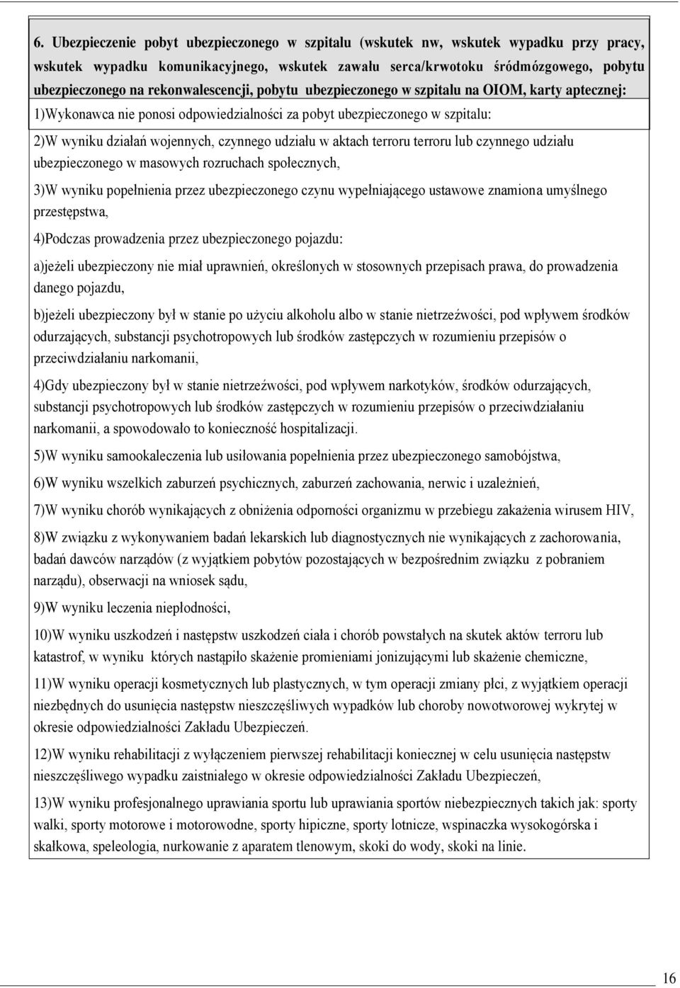 na rekonwalescencji, pobytu ubezpieczonego w szpitalu na OIOM, karty aptecznej: 1)Wykonawca nie ponosi odpowiedzialności za pobyt ubezpieczonego w szpitalu: 2)W wyniku działań wojennych, czynnego