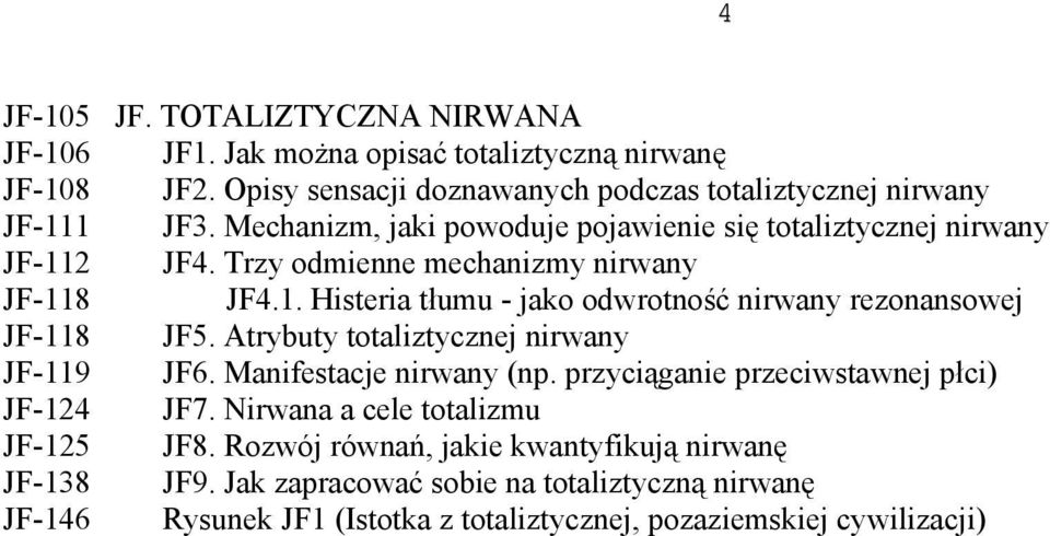 Atrybuty totaliztycznej nirwany JF-119 JF6. Manifestacje nirwany (np. przyciąganie przeciwstawnej płci) JF-124 JF7. Nirwana a cele totalizmu JF-125 JF8.