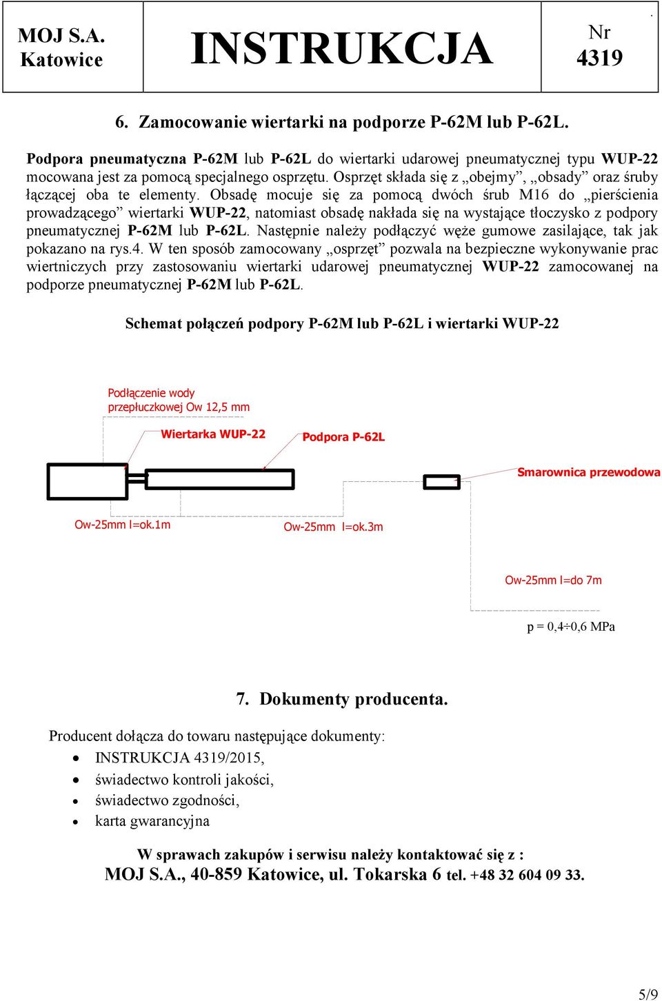 tłoczysko z podpory pneumatycznej P-62M lub P-62L Następnie należy podłączyć węże gumowe zasilające, tak jak pokazano na rys4 W ten sposób zamocowany osprzęt pozwala na bezpieczne wykonywanie prac