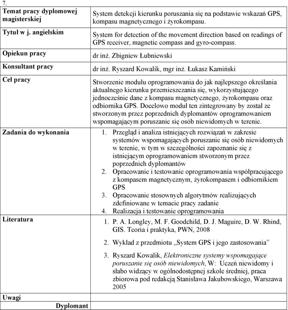 Łukasz Kamiński Stworzenie modułu oprogramowania do jak najlepszego określania aktualnego kierunku przemieszczania się, wykorzystującego jednocześnie dane z kompasu magnetycznego, żyrokompasu oraz