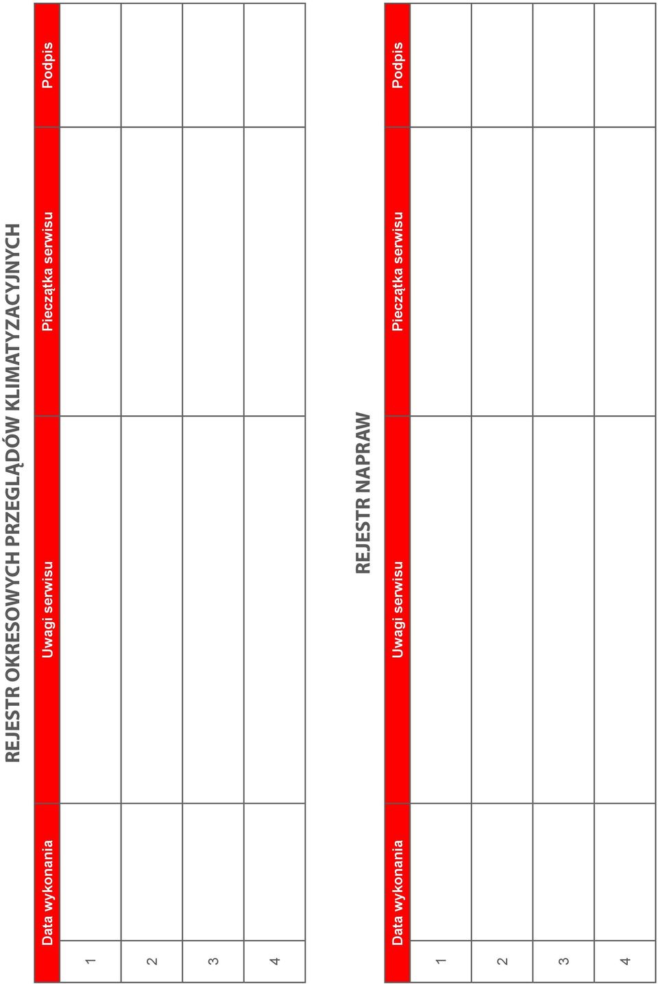 Pieczątka serwisu Podpis REJESTR NAPRAW Data