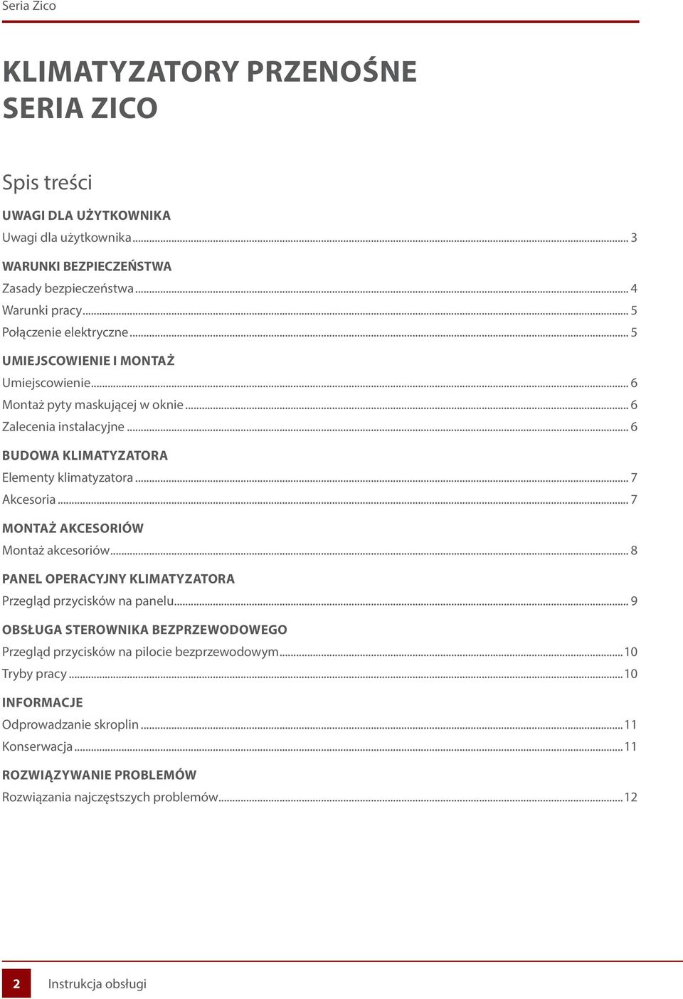 .. 6 BUDOWA KLIMATYZATORA Elementy klimatyzatora... 7 Akcesoria... 7 MONTAŻ AKCESORIÓW Montaż akcesoriów... 8 PANEL OPERACYJNY KLIMATYZATORA Przegląd przycisków na panelu.