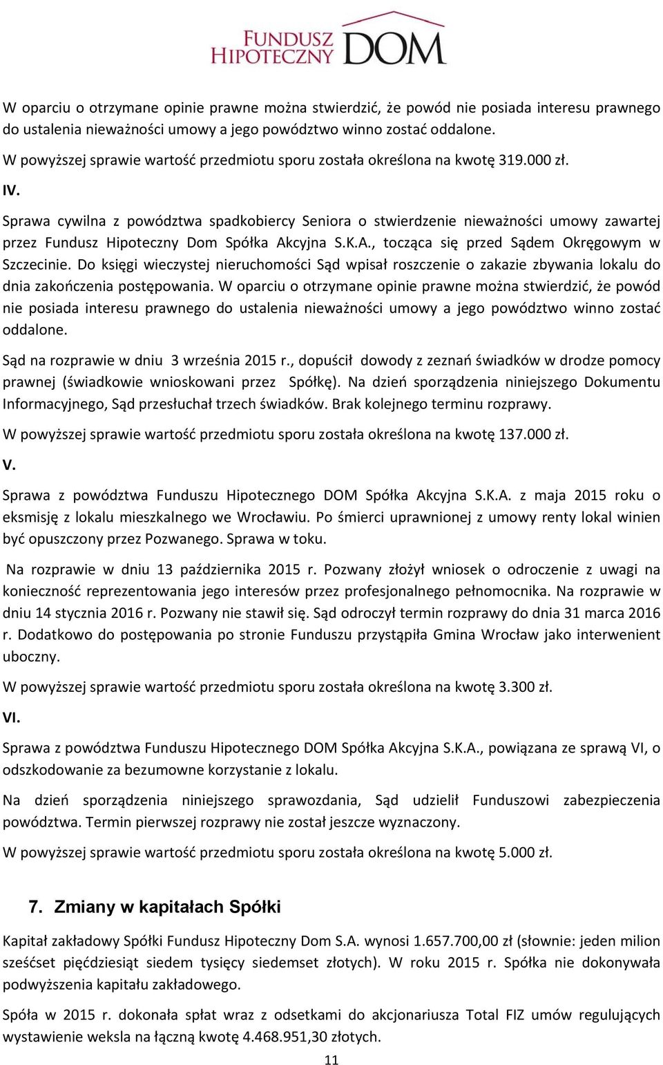 Sprawa cywilna z powództwa spadkobiercy Seniora o stwierdzenie nieważności umowy zawartej przez Fundusz Hipoteczny Dom Spółka Akcyjna S.K.A., tocząca się przed Sądem Okręgowym w Szczecinie.